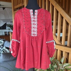 Red Embroidered Boho Women's Top
